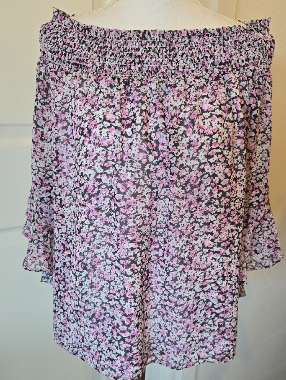 Riley & Rae Pink and Black Floral Off-Shoulder Top